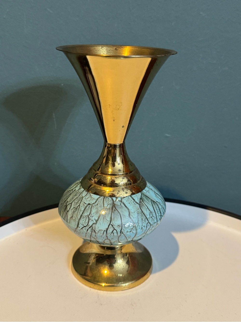 Mid-Century Robin’s Egg Blue Delftware and Brass Vase, Made in Holland